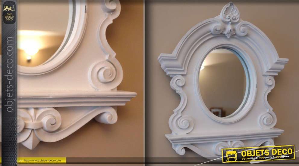 Miroir oeil de boeuf style baroque patine blanche