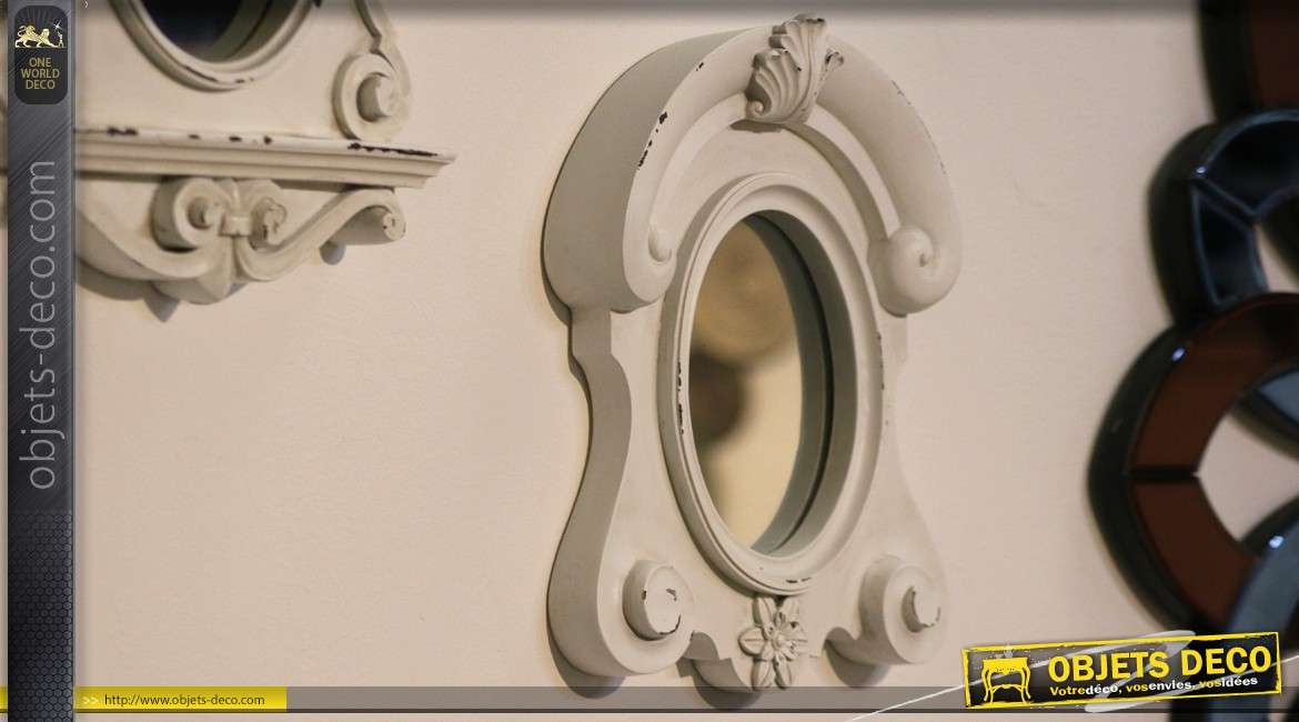 Miroir oeil de boeuf de style ancien finition blanc antique
