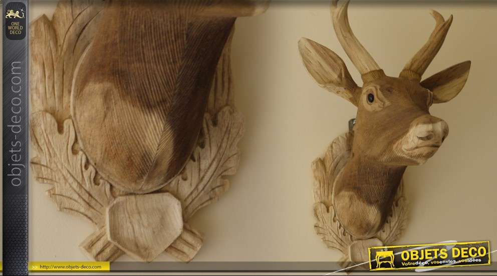 Trophée déco murale tête de cerf en bois sculpté à la main
