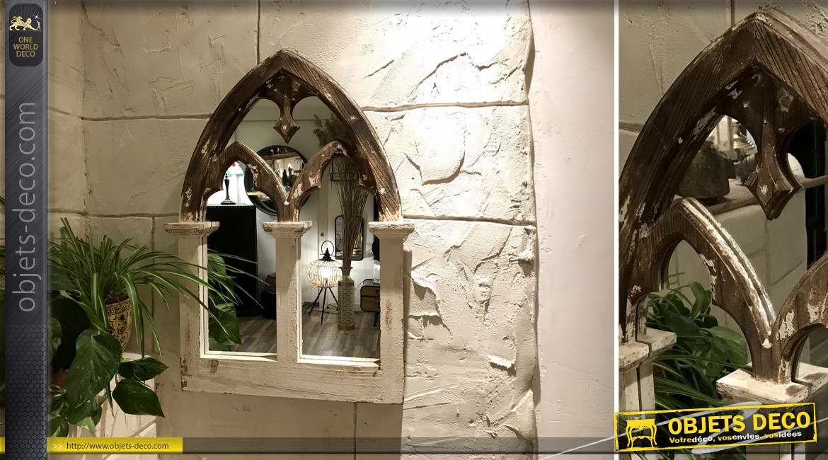 Miroir cathédrale en bois finition vieilli, forme ogivale, 75cm