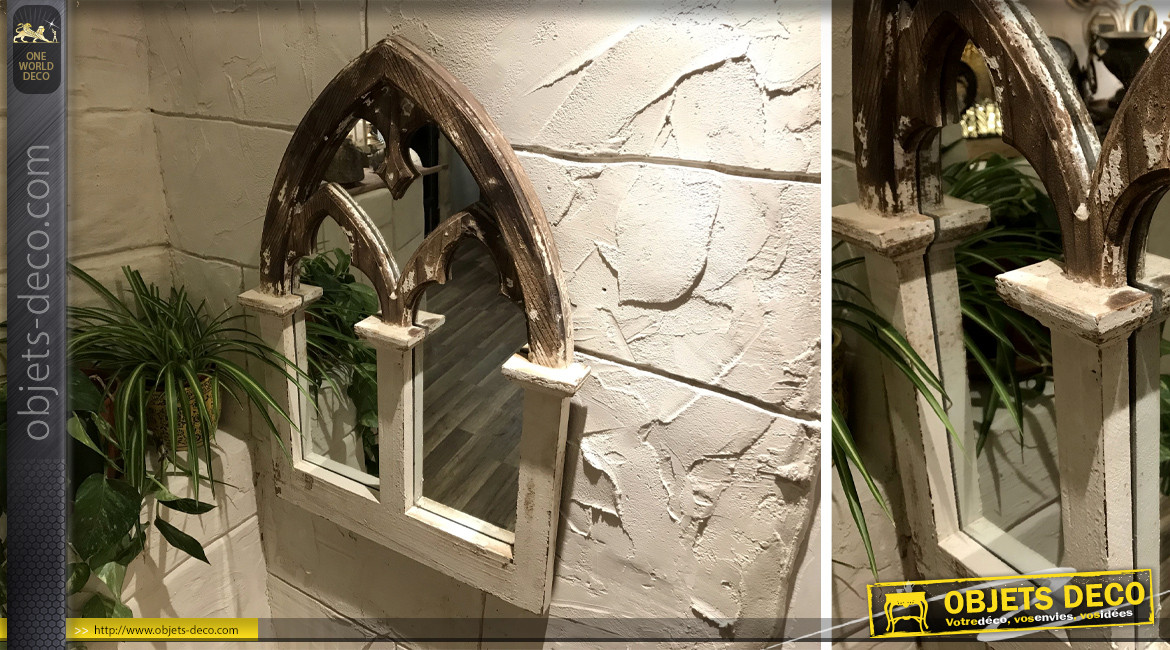 Miroir en bois effet vieilli en forme de fenêtre ancienne, forme ogivale, 75cm