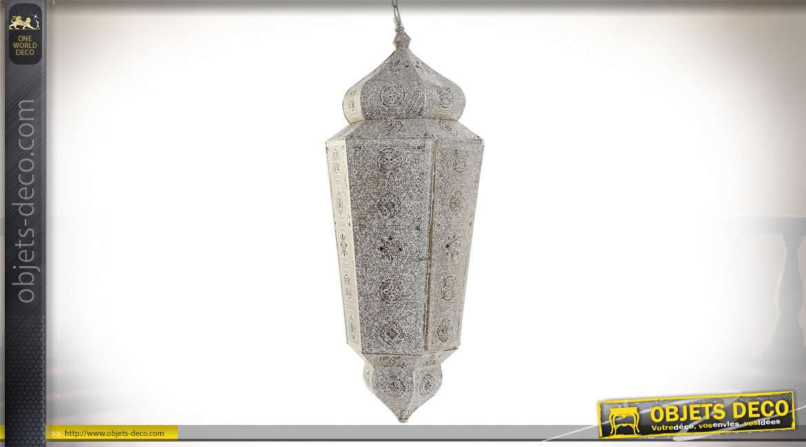 Suspension luminaire blanche vieillie style oriental esprit Moucharabieh,  71cm