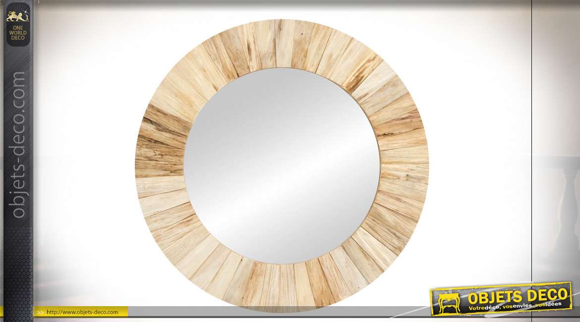 Miroir rond style campagne chic en bois finition naturelle, 55cm