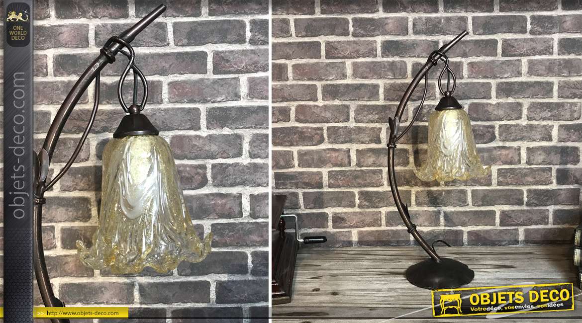 Lampe à poser en métal esprit bambou plié et tulipe style pate de verre, transparent et reflets ambrés, 60cm
