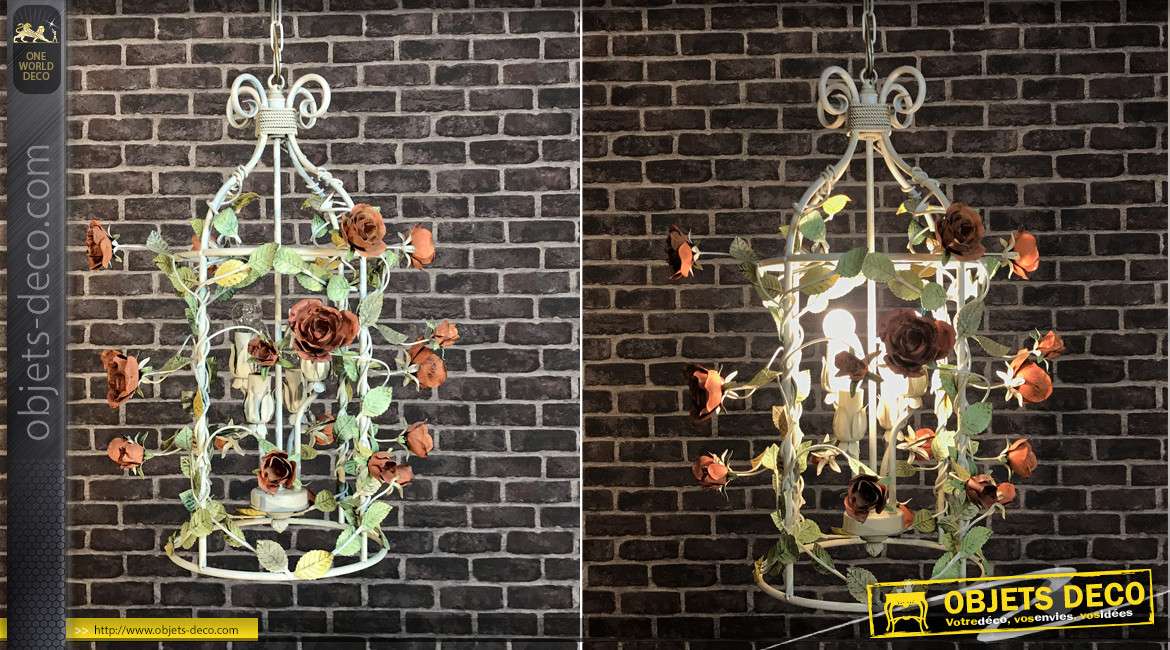Suspension cage fleurie en métal de style vintage, bouquet de 20 roses avec 4 feux au centre, Ø53cm