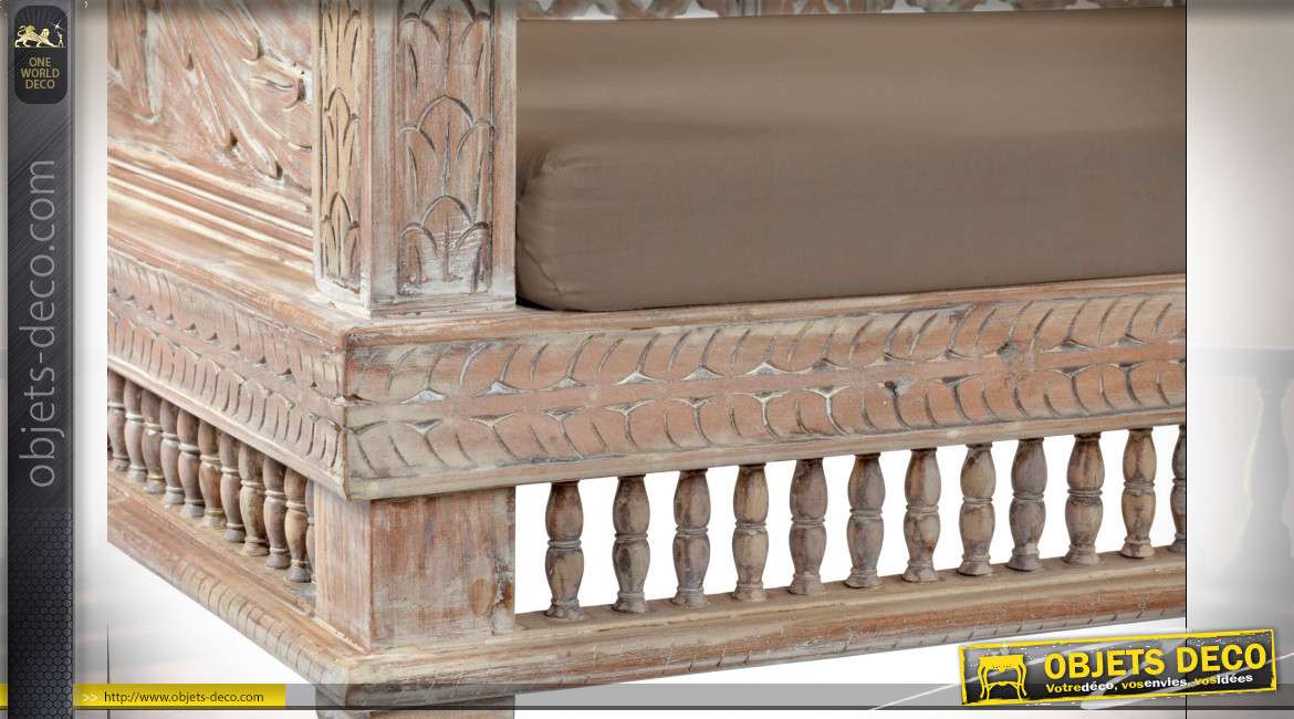 Banc d'intérieur en bois d'acacia sculpté effet vieilli style rustique, 156cm
