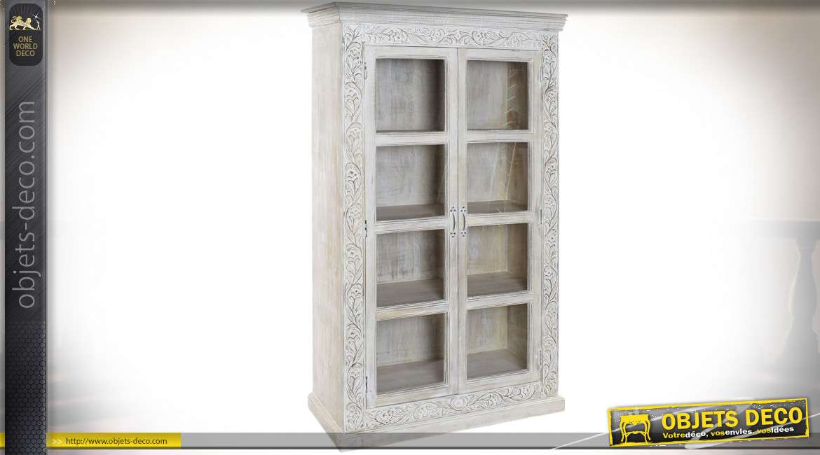 Bibliothèque vitrée en bois de manguier sculpté blanc style romantique, 180cm