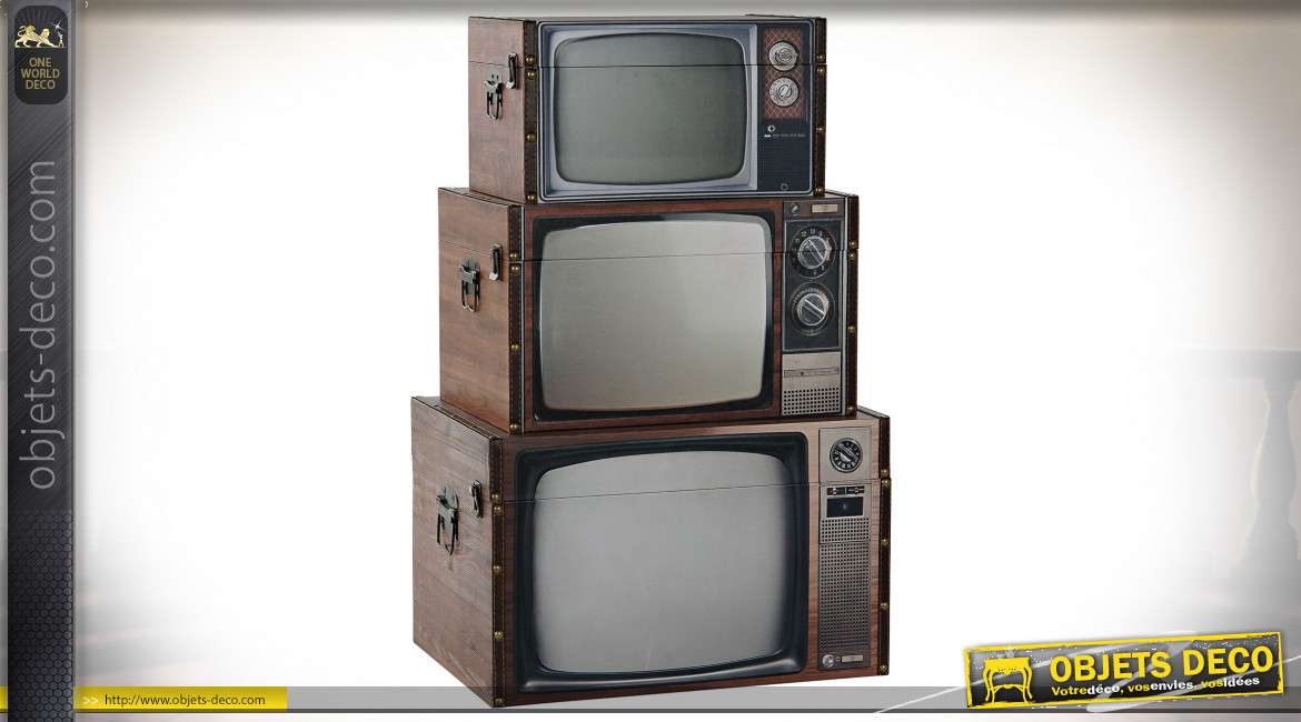Série de trois coffrets de rangements en forme de vieille TV, 48cm