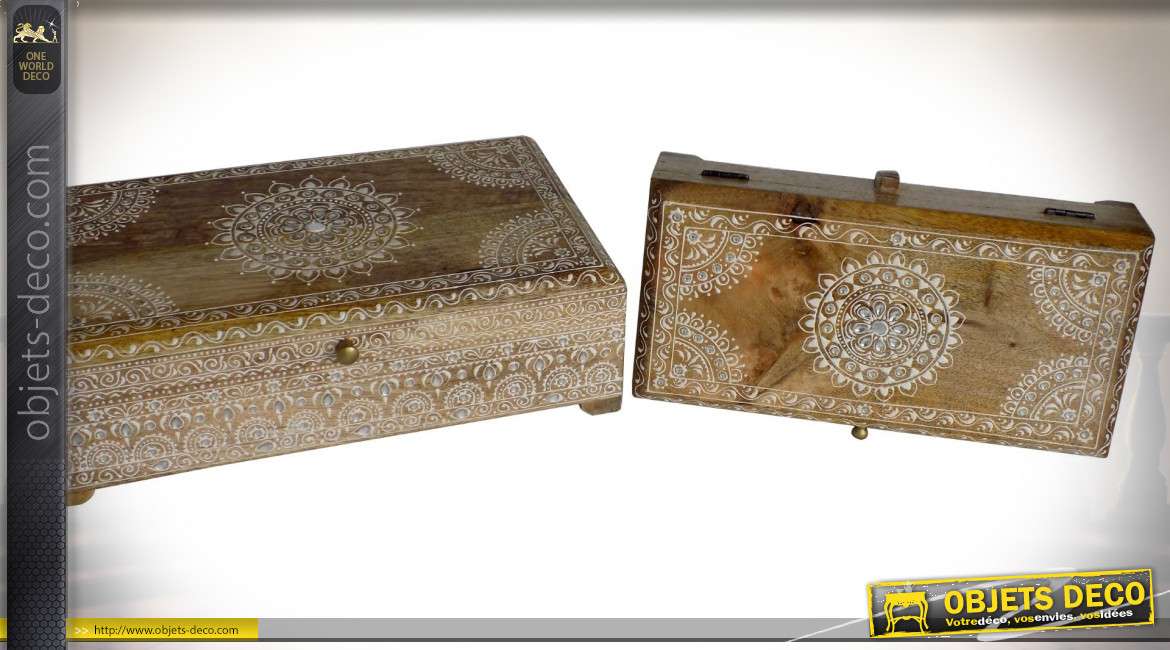 Série de deux coffrets à bijoux en bois de manguier, style oriental, 33cm