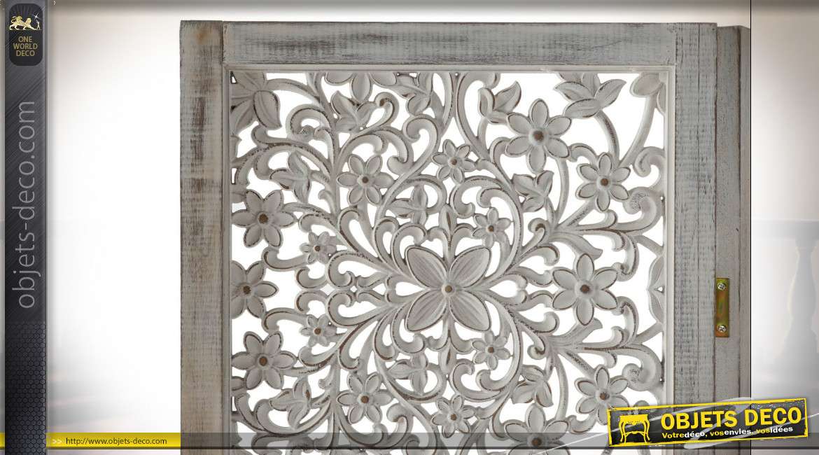 Paravent en bois de pin sculpté finition blanc vieilli style mandala, 170cm