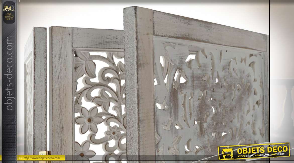 Paravent en bois de pin sculpté finition blanc vieilli style mandala, 170cm