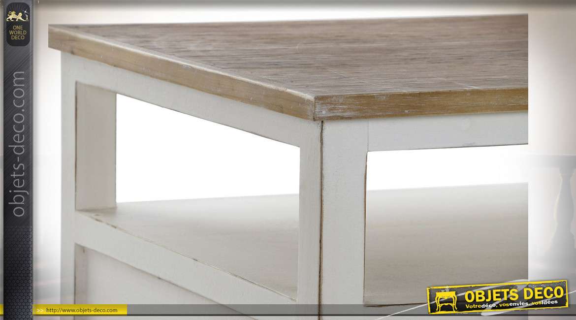 Table basse style cottage en bois de sapin finition blanchi/naturel, 120cm
