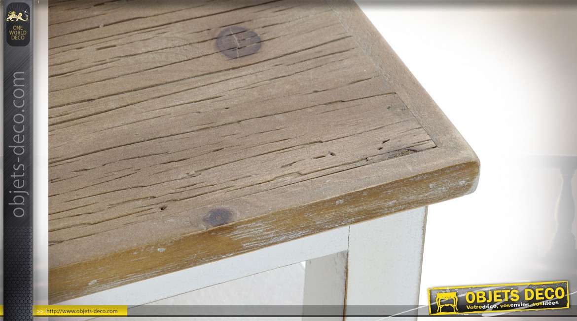 Table basse style cottage en bois de sapin finition blanchi/naturel, 120cm