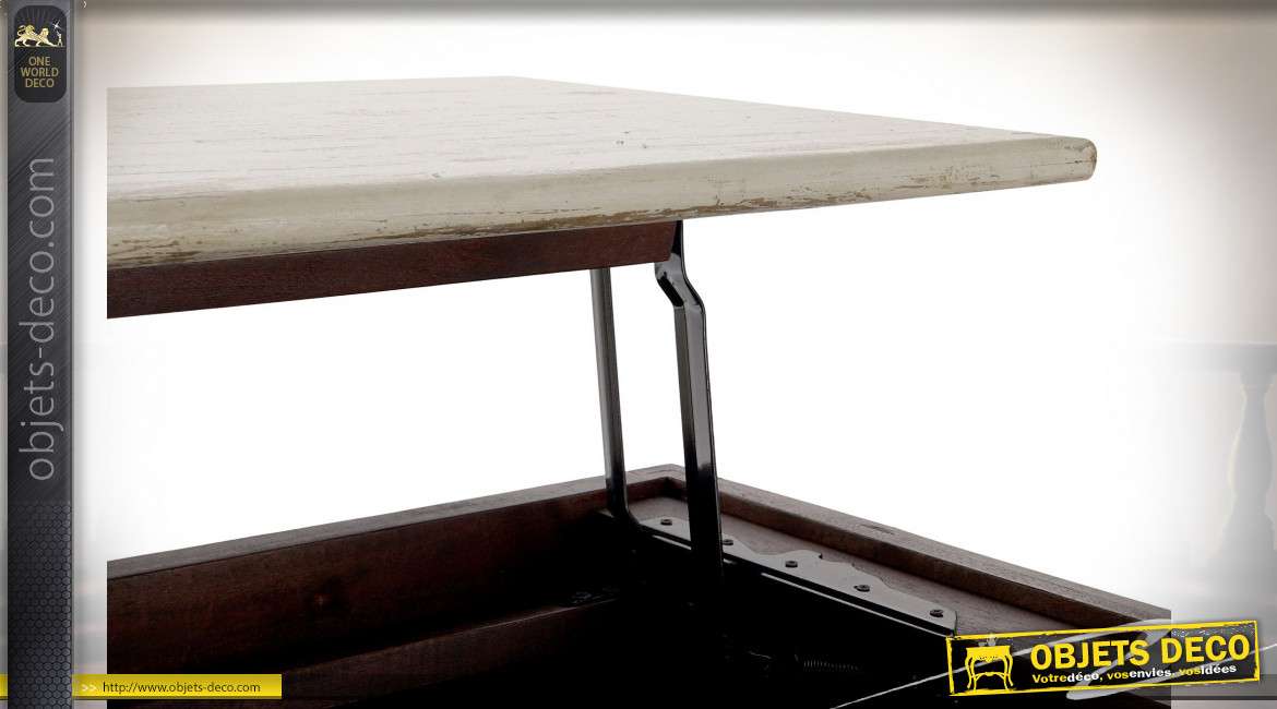 Table basse en bois de manguier coloré style boho, plateau relevable, 116cm
