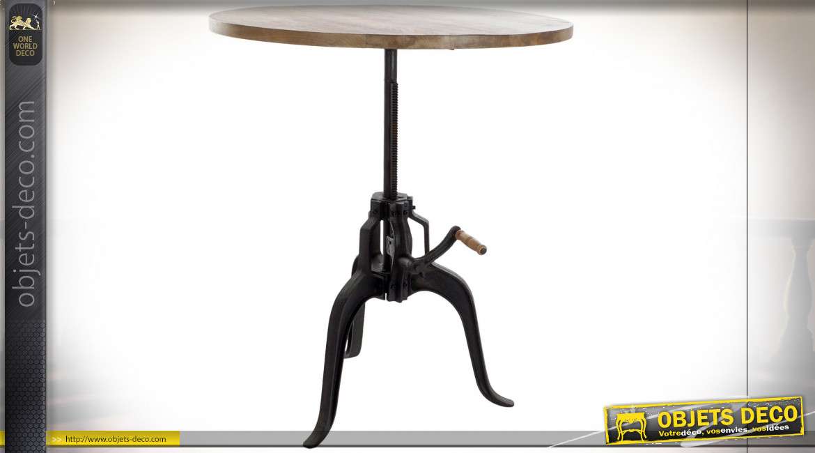 Table noire en bois recyclé de style industriel, hauteur ajustable avec crémaillère, 106cm