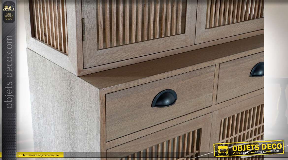Vaisselier 4 portes de style traditionnel en bois de chêne finition naturelle, 203cm