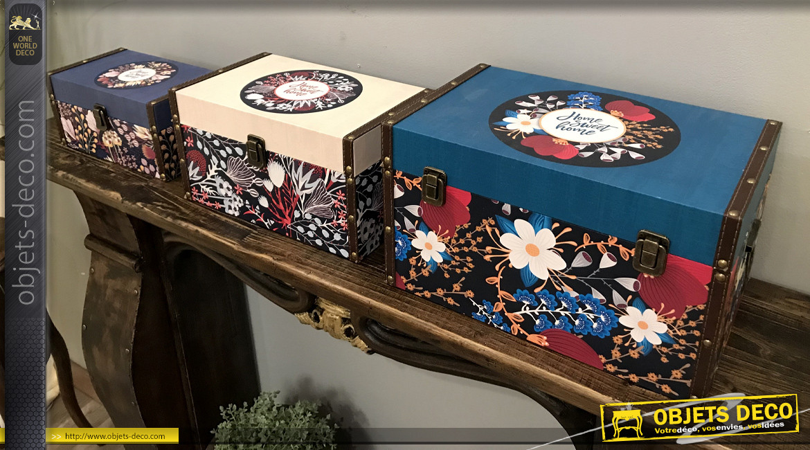 Série de 3 boîtes décoratives de rangement, motifs fleuris multicolores, 35cm
