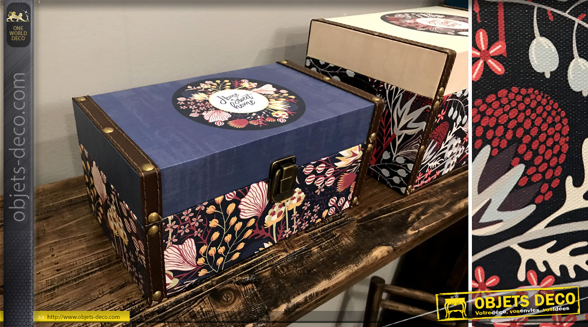 Série de 3 boîtes décoratives de rangement, motifs fleuris multicolores, 35cm