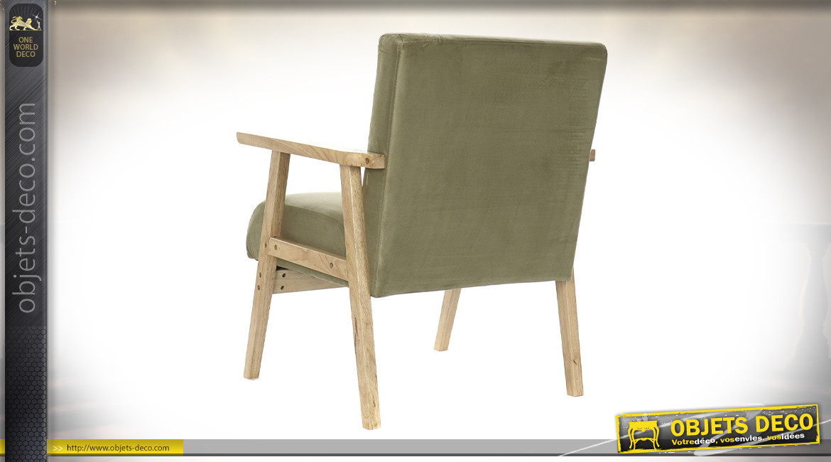Fauteuil en bois de style rétro, dossier et assise de couleur vert ancien, 76cm