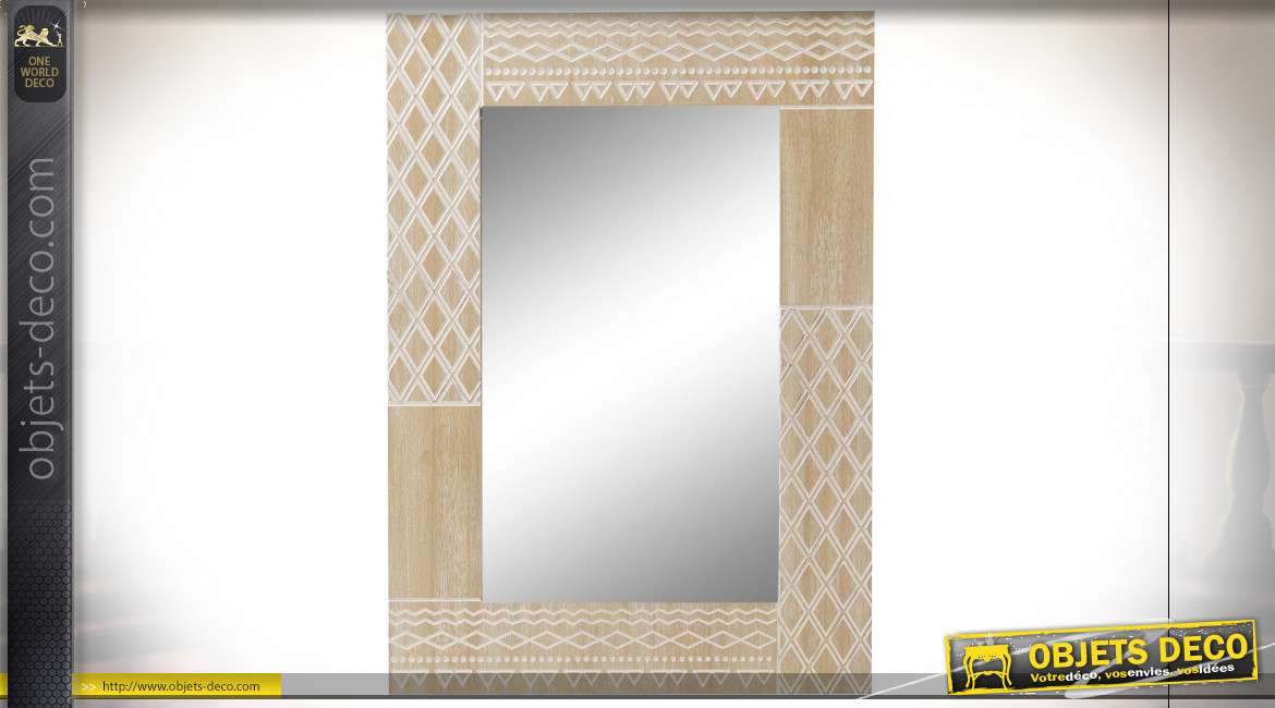 Miroir en bois de paulownia gravé style boho, 76cm