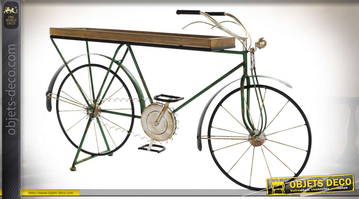 Console en forme de vieux vélo vert esprit rétro, finition vintage, 95cm