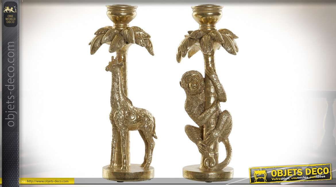 Série de deux chandeliers singe et girafe finition dorée, 26cm