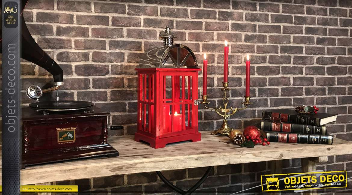 Lanterne en bois finition rouge londonien et métal chromé, sans carreaux, inspirations anciennes cabines téléphoniques, 55cm