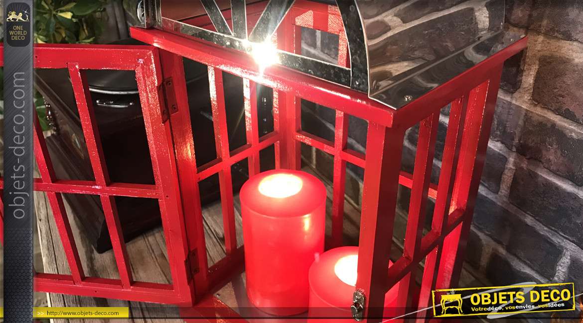 Lanterne en bois finition rouge londonien et métal chromé, sans carreaux, inspirations anciennes cabines téléphoniques, 55cm