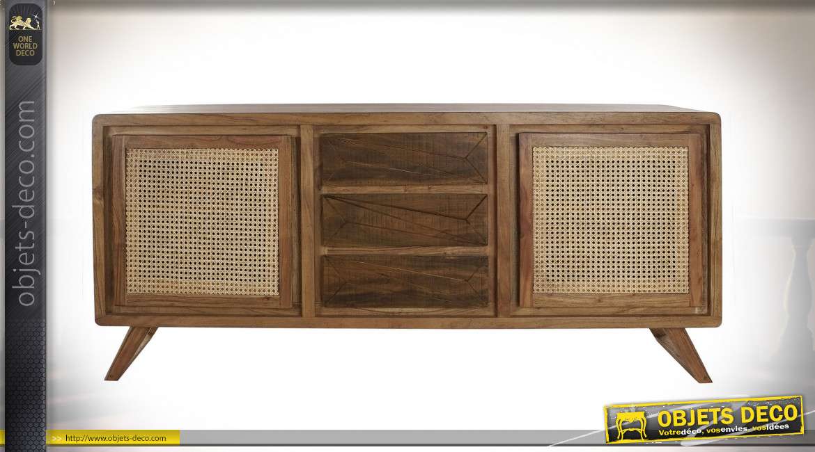 Buffet en bois d'acacia et rotin style vintage, portes à devanture en cannage, 175cm