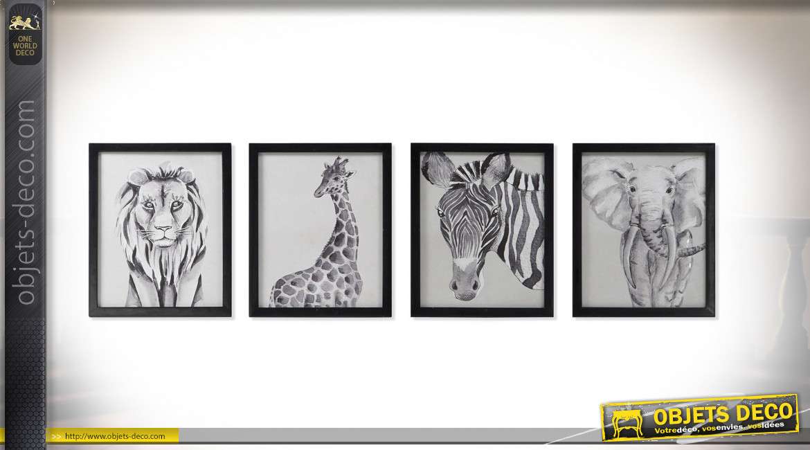 Série de quatres tableaux noirs et blancs des animaux de la savane, 55cm