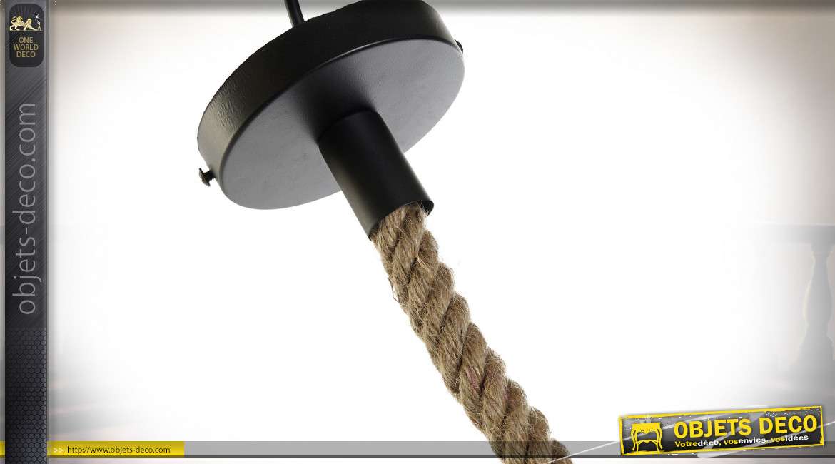 Suspension luminaire style rustique en corde et métal, 35cm