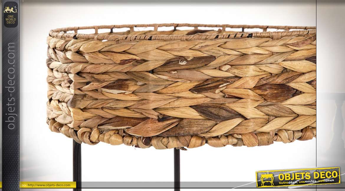 Table d'appoint à galerie en fibre végétale tressée finition naturelle, 40cm