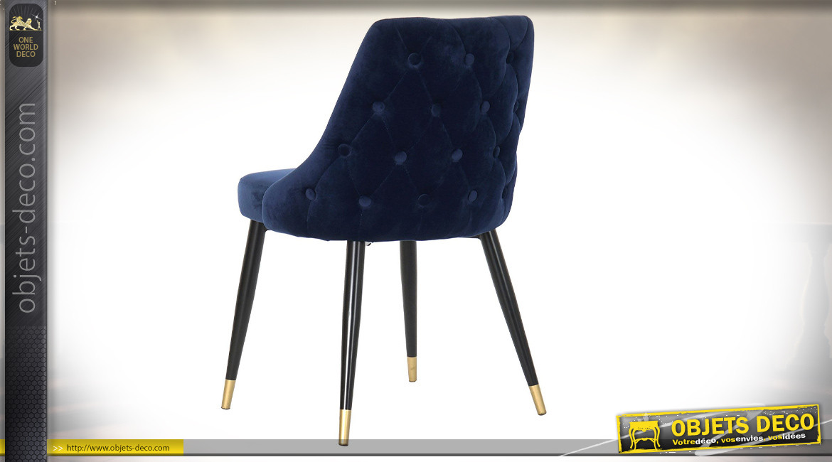 Chaise à dossier capitonné finition velours bleu style contemporain, 84cm