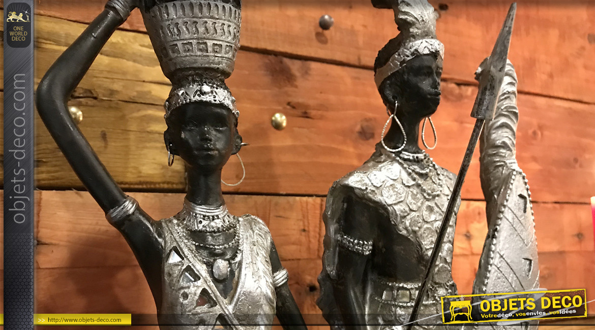 Statuette en résine finition noir et argent brillant, personnages de tribu africaine, 47cm