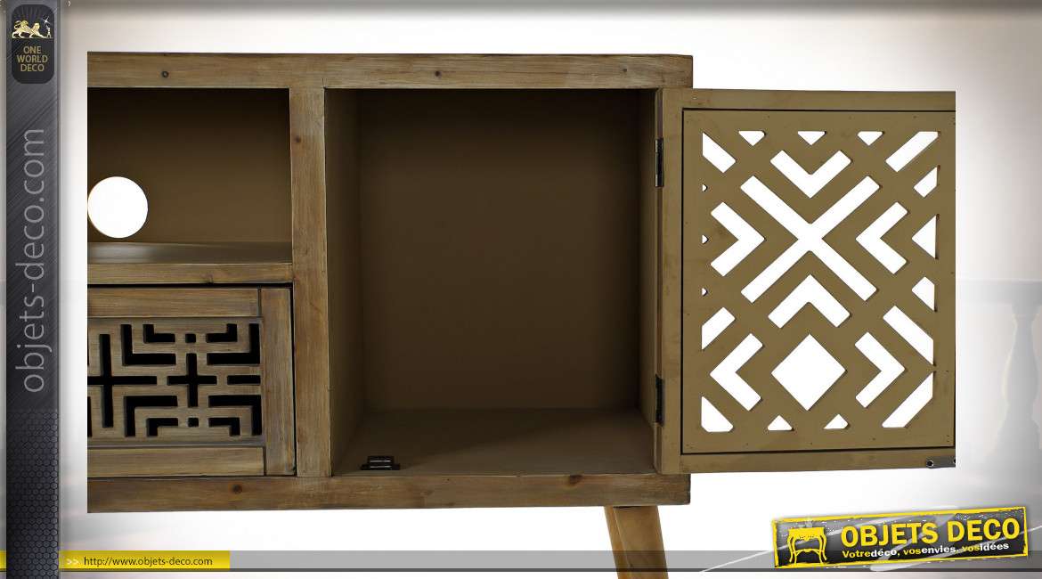 Meuble TV en bois sculpté de formes géométriques style ethnique, 140cm