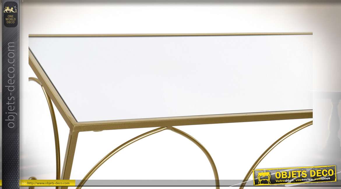 Série de deux consoles finition dorée et plateaux en miroir style moderne chic, 107cm