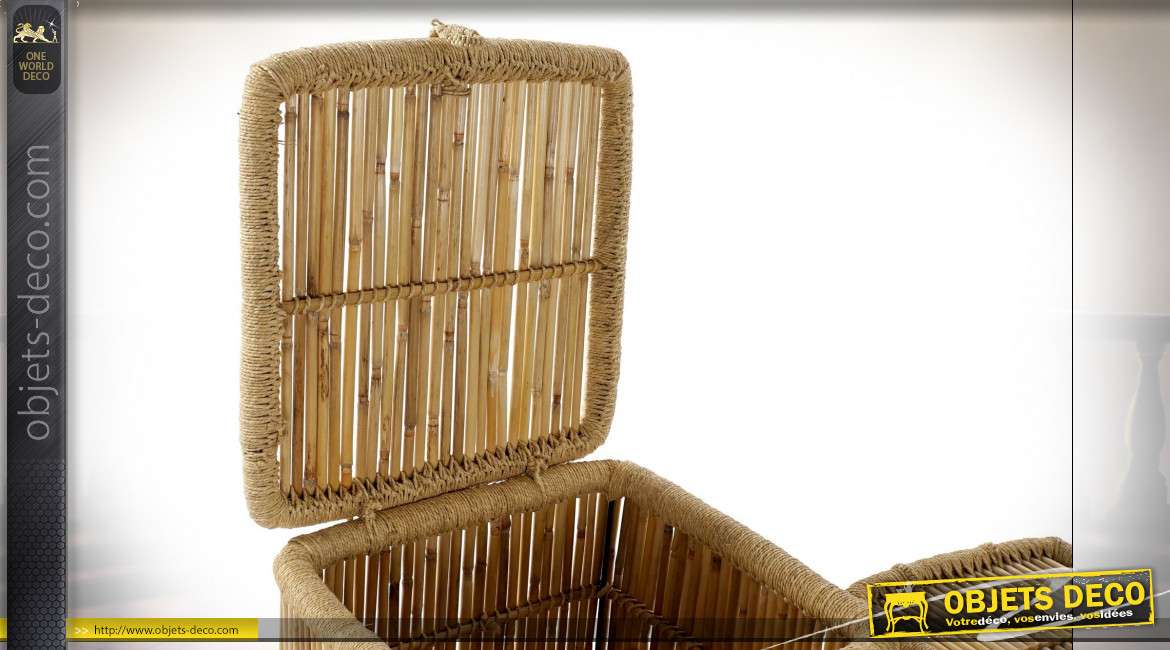Série de deux corbeilles à linge en bambou et corde finition naturelle style exotique, 55cm