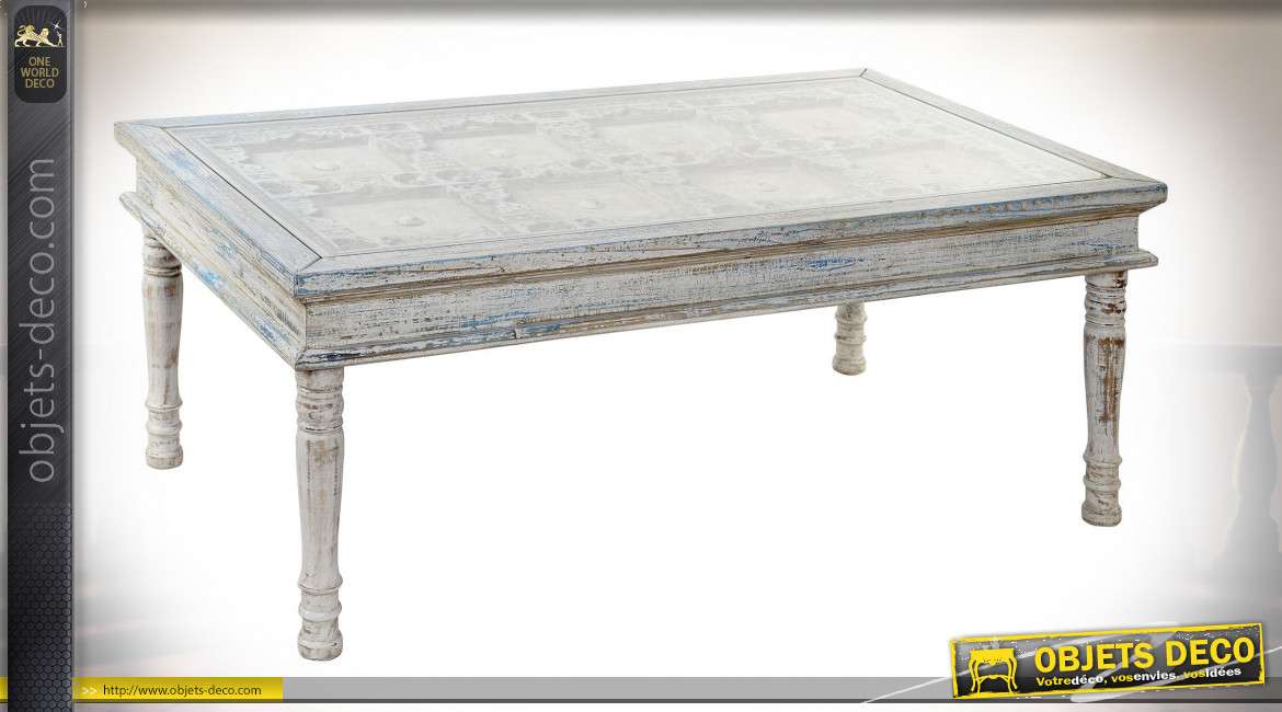Table basse en sapin patine blanche et bleue vieillie style meuble brocante, 121cm