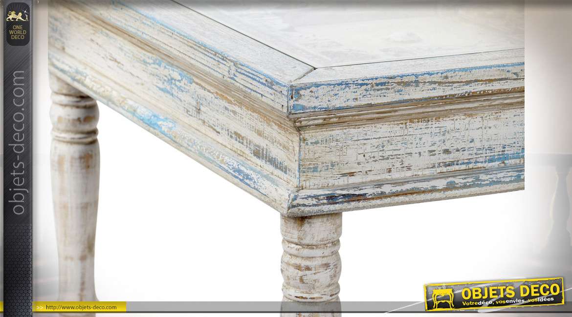 Table basse en sapin patine blanche et bleue vieillie style meuble brocante, 121cm