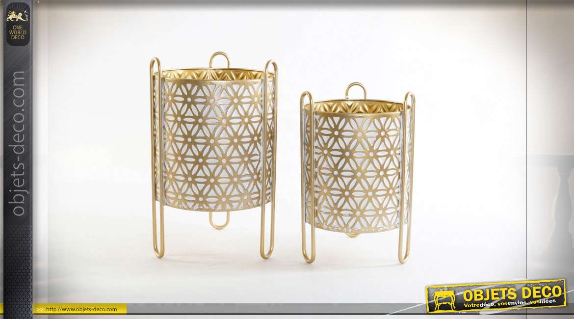 Série de deux caches pots en métal blanc et doré style boho chic, 36cm