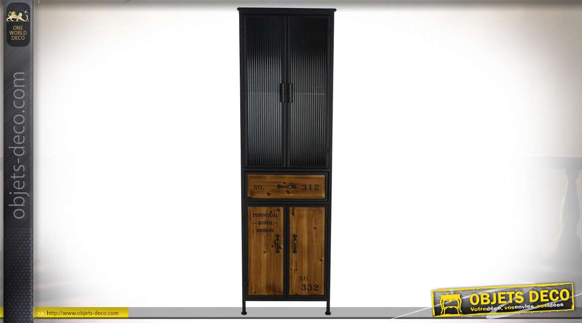 Vitrine colonne en verre ondulé finition noire et brun style industriel, 169cm