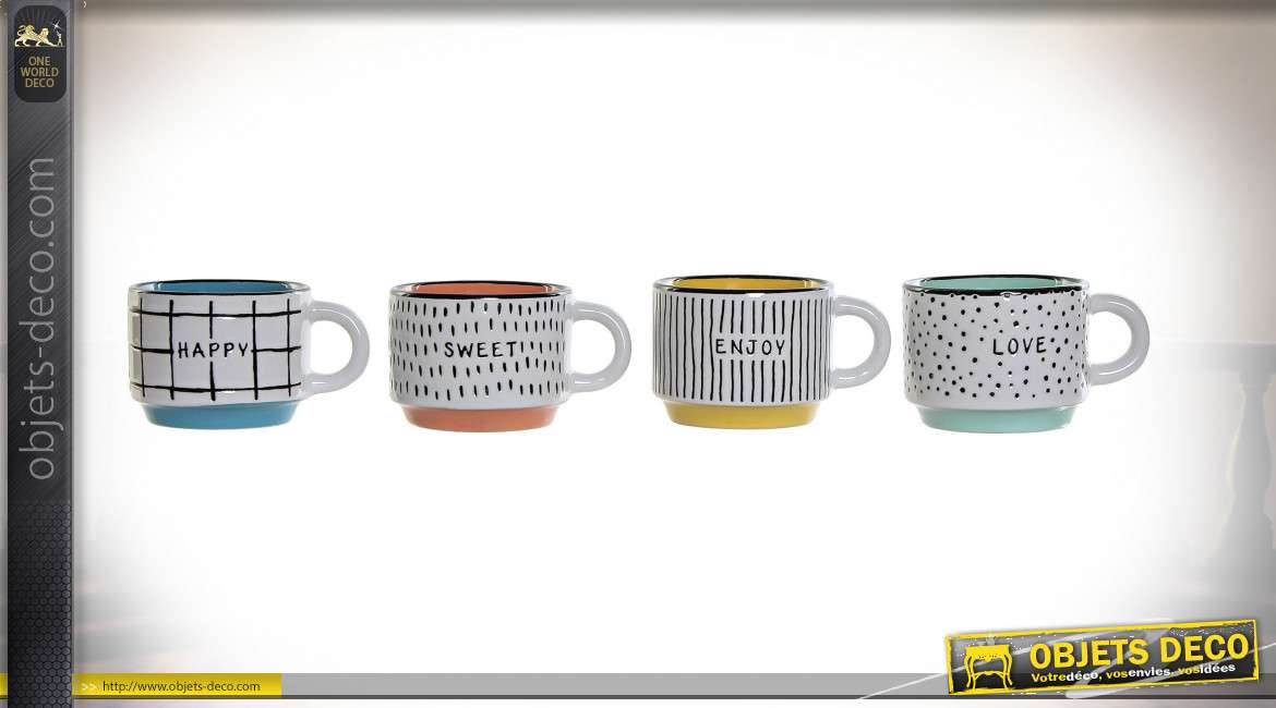 Set de tasses à café en grès avec support en métal noir, inscriptions frontales, ambiance moderne, 150ml