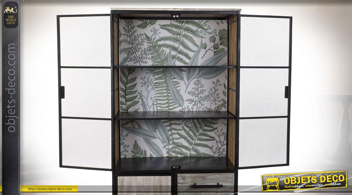 Armoire esprit vitrine grillagée en métal et bois style exotique, 162cm