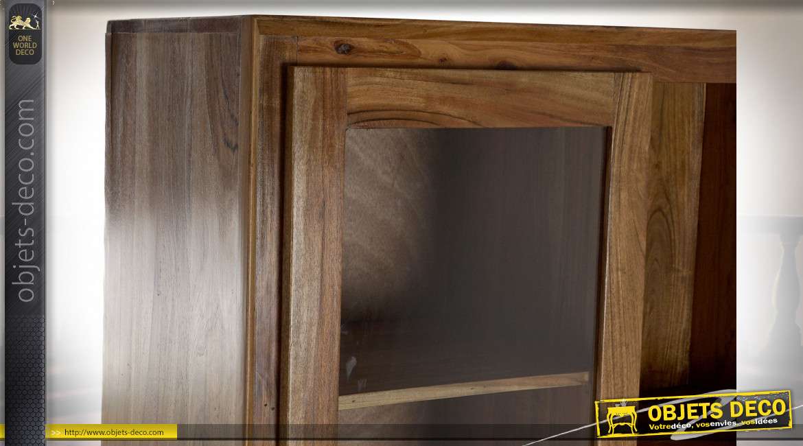 Grande vitrine de style rétro en bois d'acacia finition brun clair, 162cm