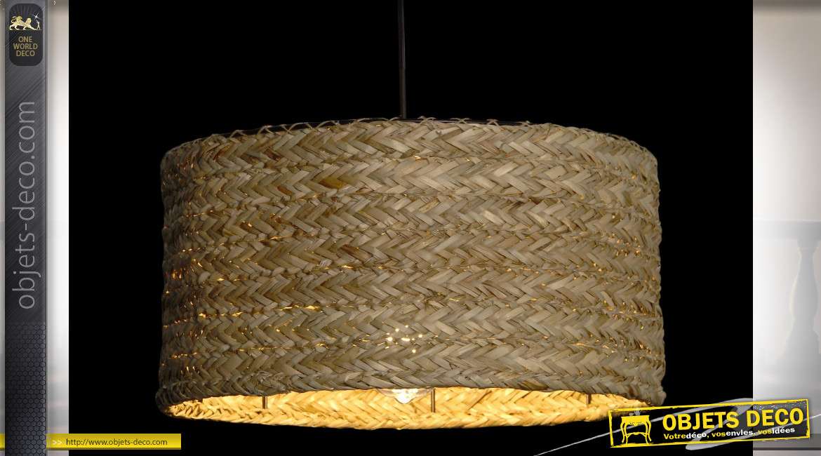 Suspension luminaire circulaire style boho en fibre végétale tressée finition naturelle, 42cm