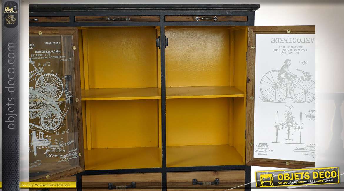Buffet vitrine esprit créations d'inventeur finition noire et jaune moutarde, 100cm
