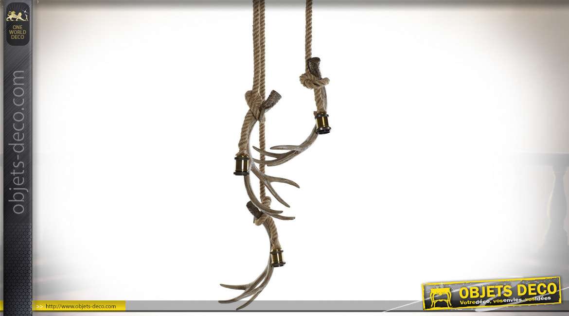 Suspension luminaire bois de cerf en résine style chalet, 117cm