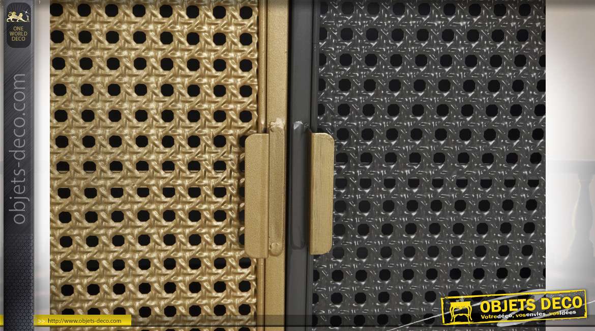 Buffet style industriel portes cannage finition laiton et noir, 118cm