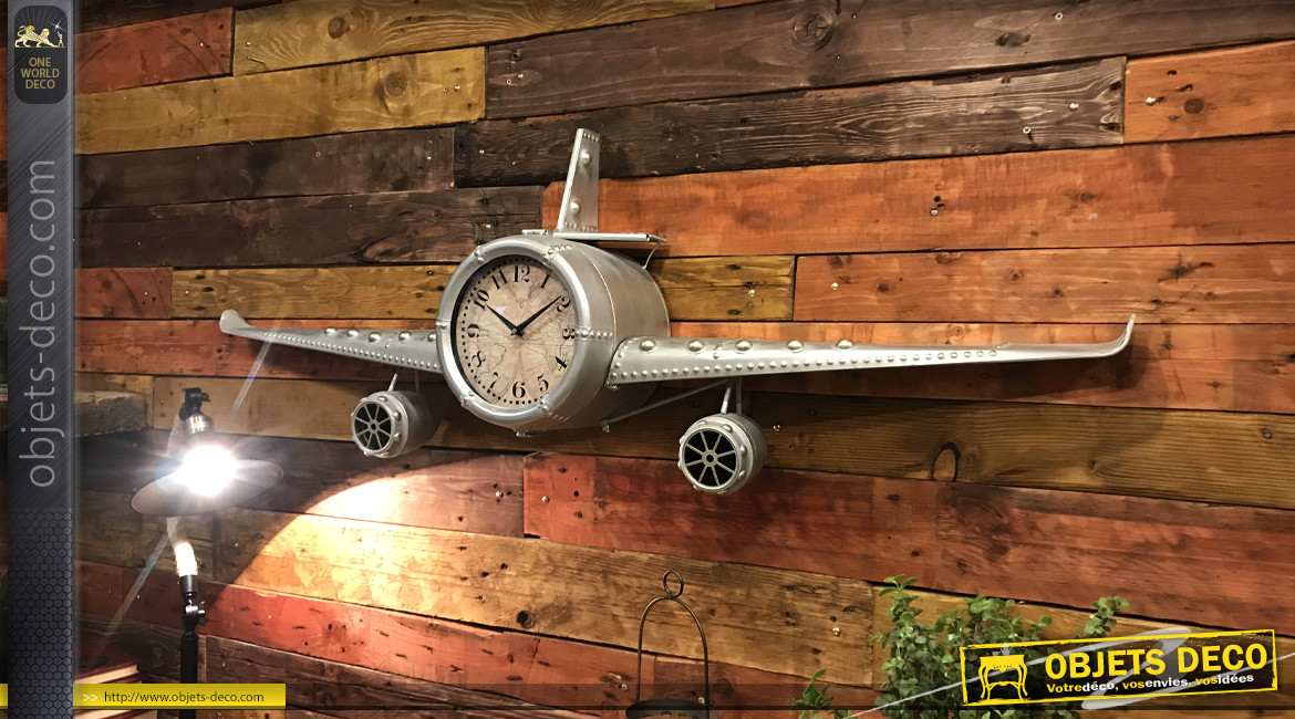 Horloge en forme d'avion ancien en métal finition gris vieilli, 141cm