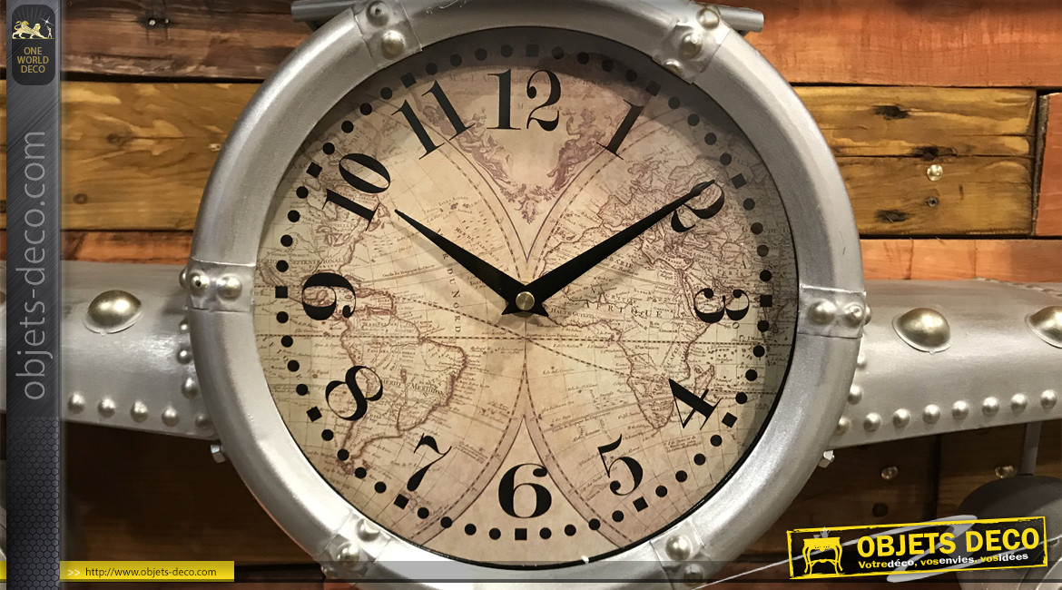 Horloge en forme d'avion ancien en métal finition gris vieilli, 141cm